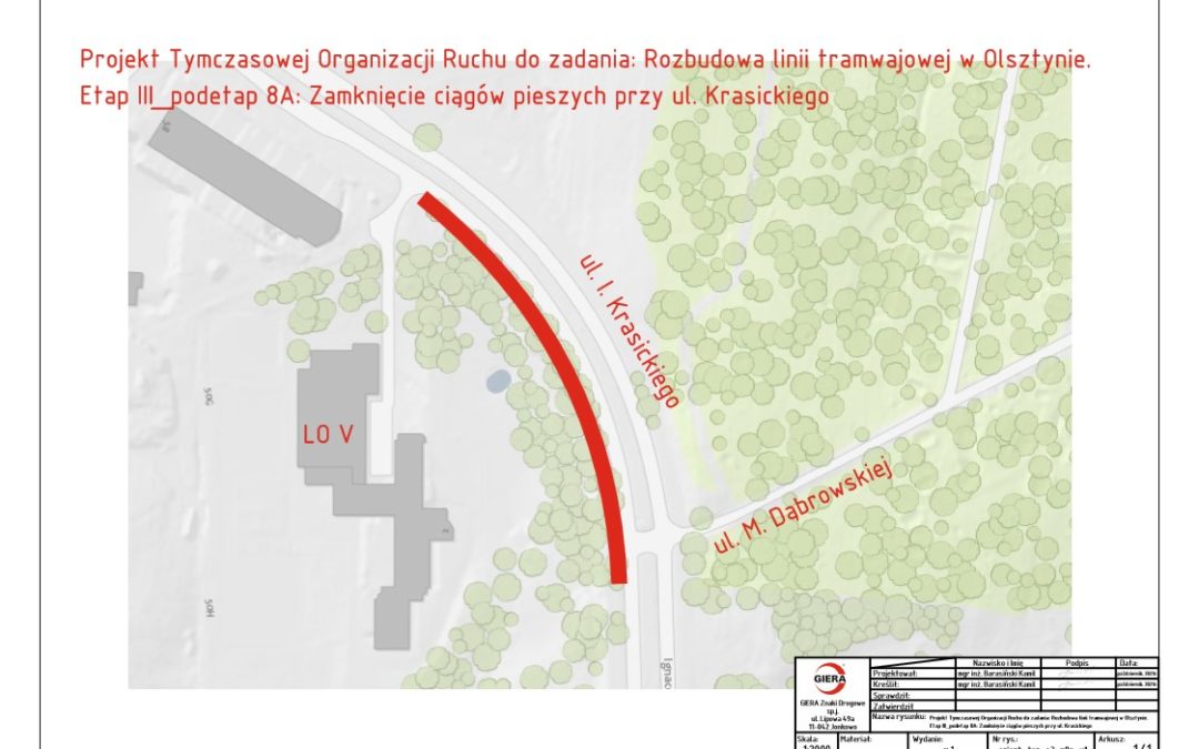 Utrudnienia w ruchu pieszych na ulicy Krasickiego od 3 grudnia 2021 roku.