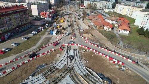 Zdjęcie nr 1 – skrzyżowanie ul. Krasickiego i ul. Wilczyńskiego – zamontowany rozjazd torowiska tramwajowego, marzec 2023 r.